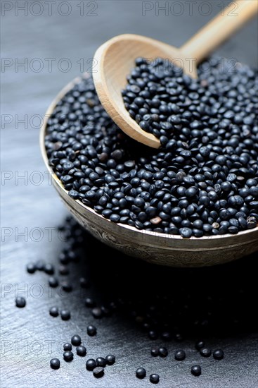 Beluga lentils in cooking spoon