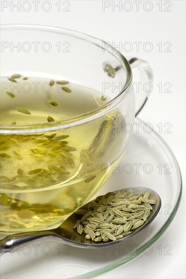 Fennel tea in cup and fennel seeds in spoon