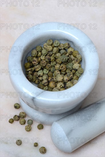 Green malabar pepper in mortar