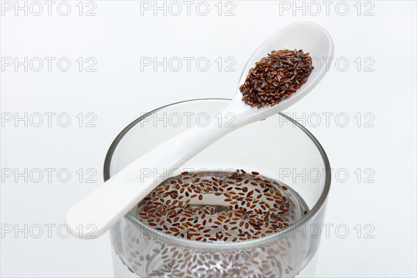 Glass of water and spoon with psyllium