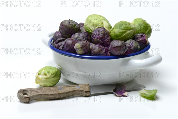 Purple and green Brussels sprouts in a bowl