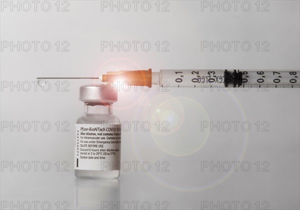 Vaccine vial against Covid 19 and syringe with drops