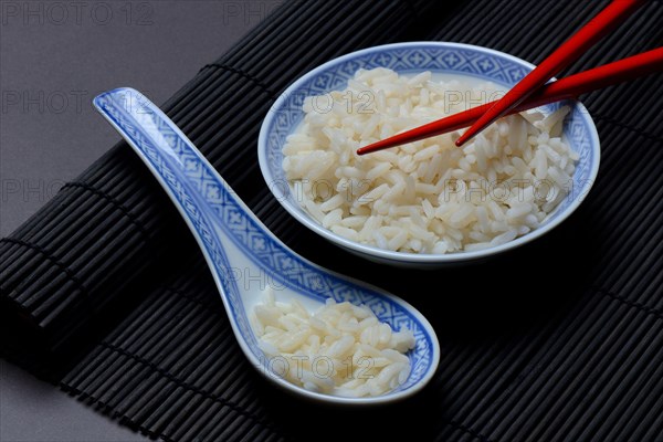 Basmati rice in bowl and porcelain spoon
