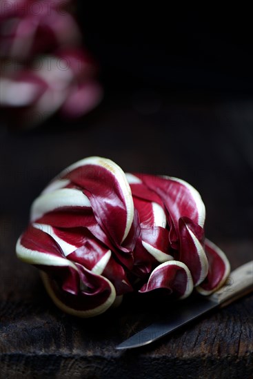 ( Cichorium intybus var. foliosum) Radicchio and kitchen knife, Radicchio Rosso di Treviso, red Chicory