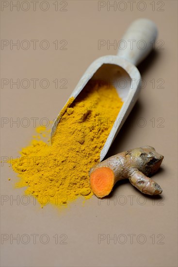 Turmeric-powder in shovel and root