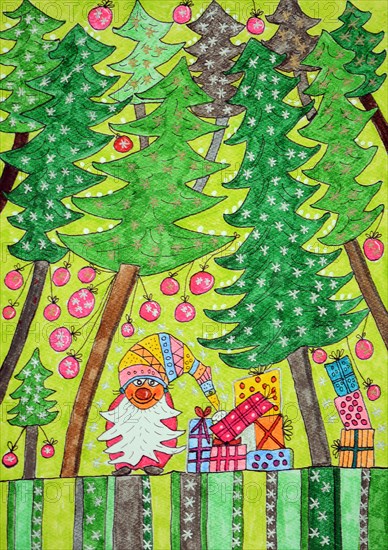 Christmas gnome with gifts in the forest