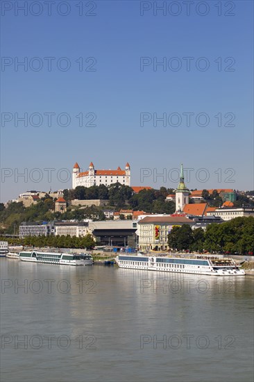 Landing stage for Danube cruise ships with a view to Bratislava Castle