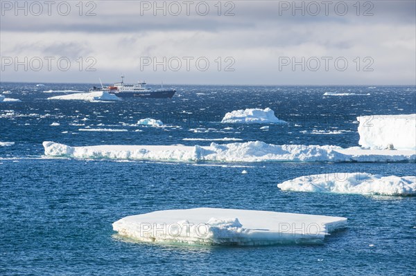 Cruise ship behind icebergs