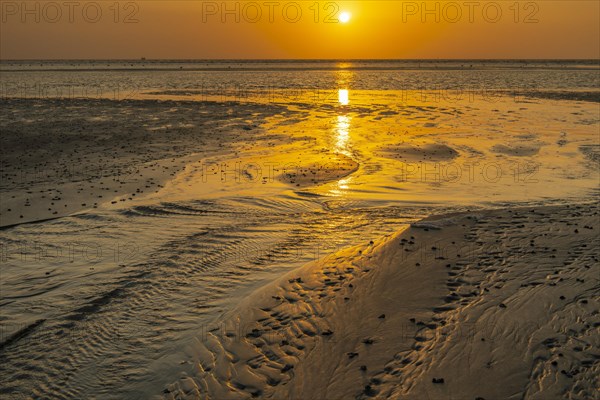 Sunset over tidal creek on sandy beach