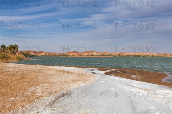 Salt crust at the shores of Ounianga kebir part of the the Unesco sight Ounianga lakes