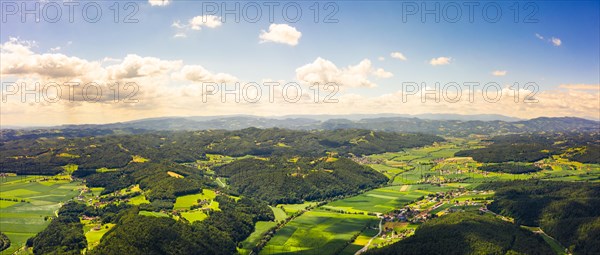 Aerial panorama of green hills and vineyards