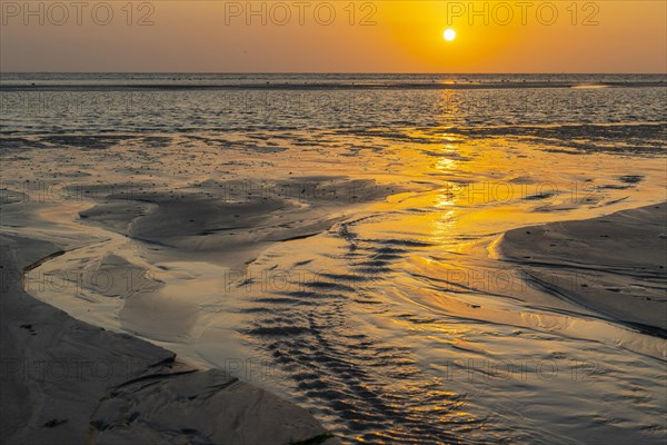 Sunset over tidal creek on sandy beach