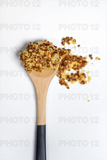 Grainy Dijon mustard on wooden spoon