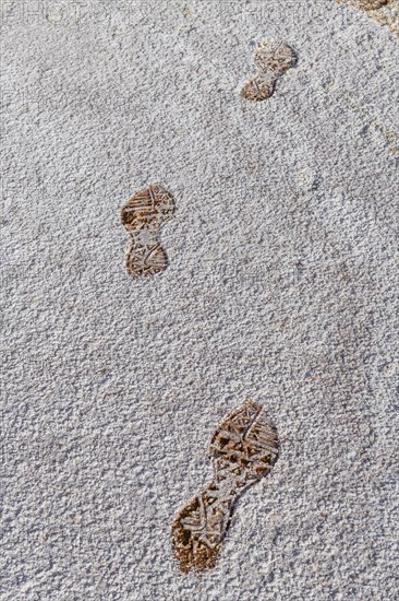 Footsteps in the salt crust at the shores of Ounianga kebir part of the the Unesco sight Ounianga lakes