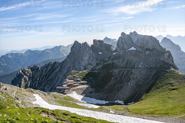 View of Karwendel mountain restaurant and Karwendelbahn with northern