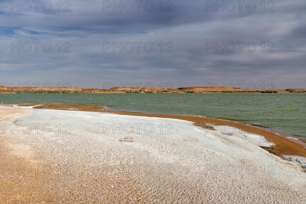 Salt crust at the shores of Ounianga kebir part of the the Unesco sight Ounianga lakes