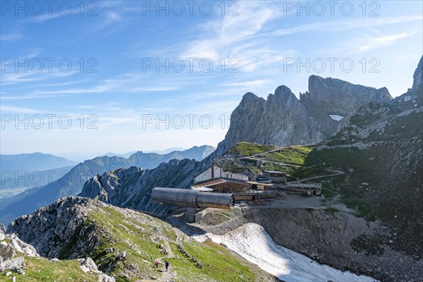 View of Karwendel mountain restaurant and Karwendelbahn with northern