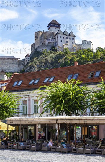 Cafes on Peace Square with Trencin Castle