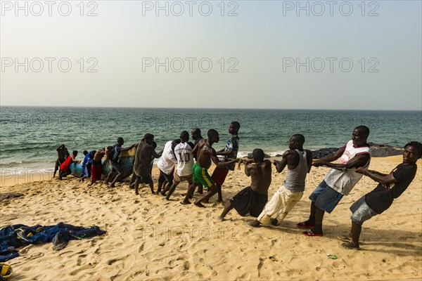 Local fishermen pulling their nets on a beach in Robertsport