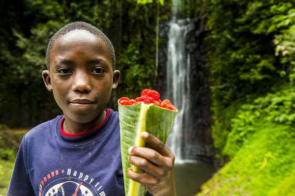 Boy selliing wild rasberrys before the waterfall of Sao Nicolau in the jungle of Sao Tome