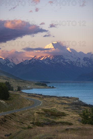 View of Mount Cook with road and lake
