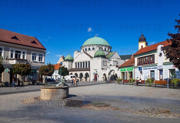 Jewish synagogue on the main square with Aquarius fountain Vodnik