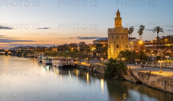 View over the river Rio Guadalquivir with Torre del Oro and promenade with excursion boats