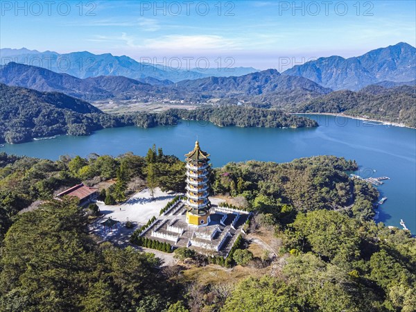 Aerial over the Ci'en Pagoda and Sun Moon Lake