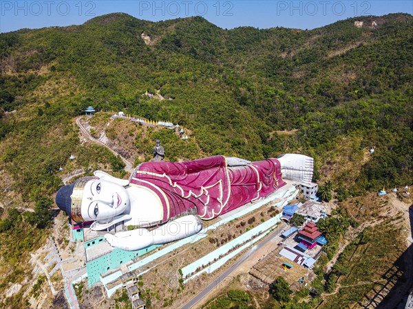 Aerial of a giant reclining buddha in Win Sein Taw Ya outside Mawlamyine