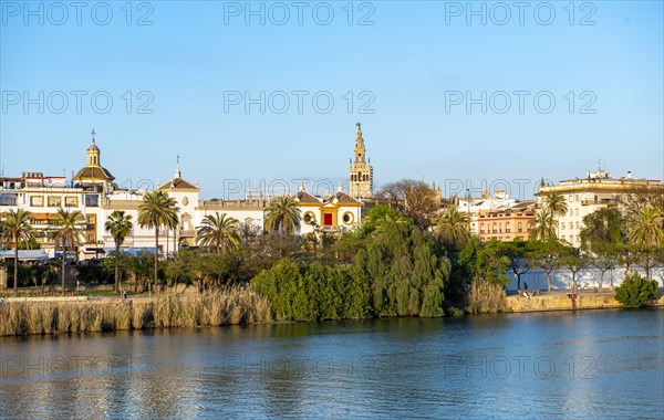 View over the river Rio Guadalquivir to the bullring Plaza de toros de la Real Maestranza de Caballeria de Sevilla and bell tower La Giralda