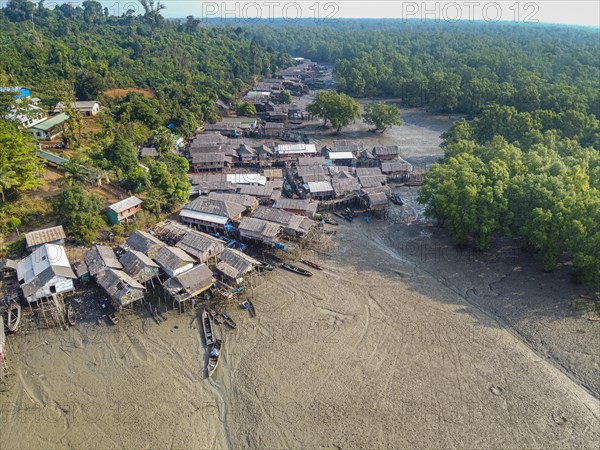Aerial of Fishing village on stilts in the mangroves of the Mergui or Myeik Archipelago