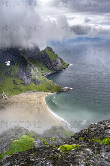View from Helvetestinden to the beach of Bunes