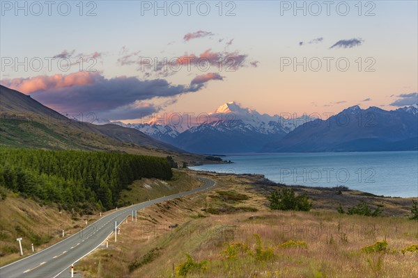 View of Mount Cook with road and lake