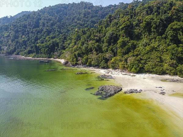 Aerial of a White sand beach on Thel Ni Aw island