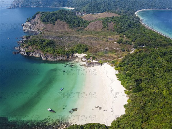 Aerial of a white sand beach on Smart island