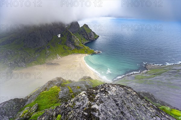View from Helvetestinden to the beach of Bunes