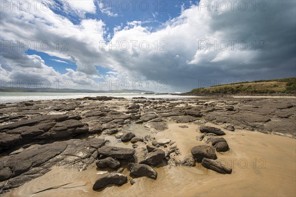 Sandy beach beach and rocks in Curio Bay