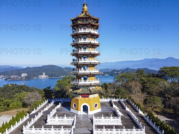 Aerial over the Ci'en Pagoda and Sun Moon Lake