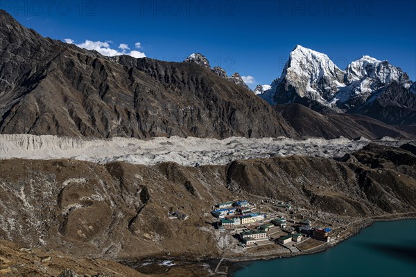 View from Renjo La Pass 5417 m to the east on Himalaya with Gokyo Lake and Gokyo