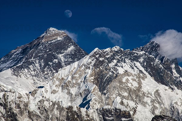 View in the evening light from Renjo La Pass 5417 m to the east on Himalaya with Mount Everest