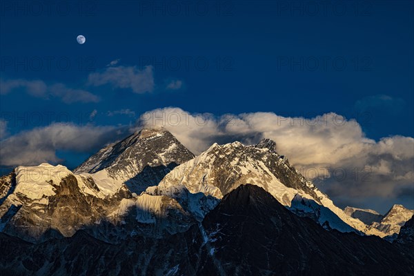 View in the evening light from Renjo La Pass 5417 m to the east on Himalaya with Mount Everest