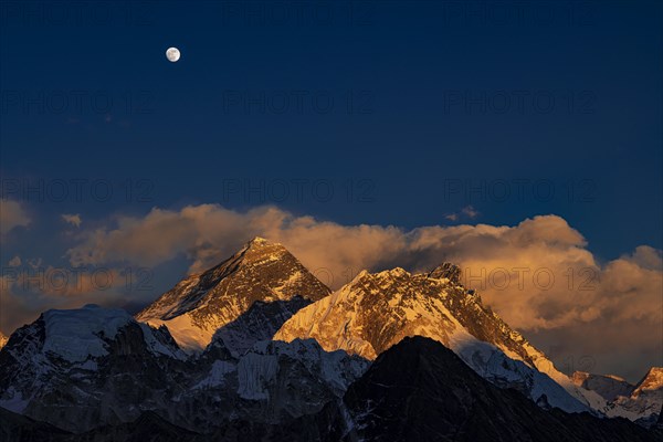 View in the evening light from Renjo La Pass 5417 m to the east on Himalaya with Mount Everest