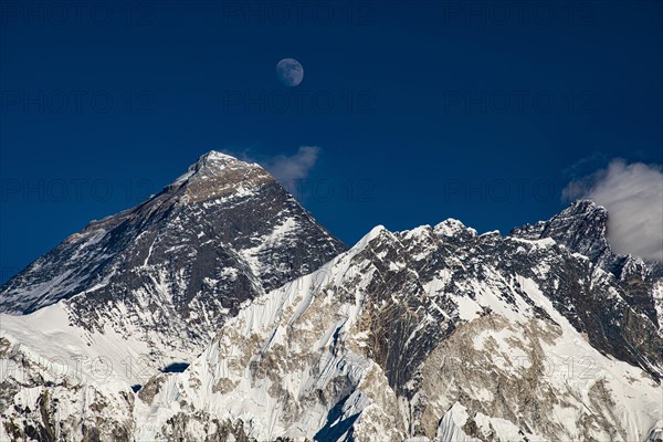 View in the evening light from Renjo La Pass 5417 m to the east on Himalaya with Mount Everest