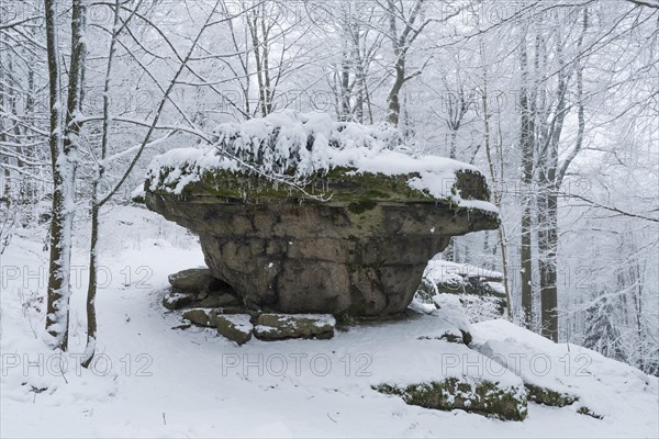 Rock formation Teufelstisch in winter with snow