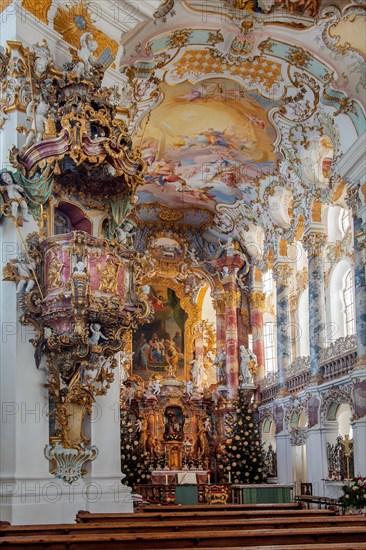 Altar room with pulpit inside the Wieskirche