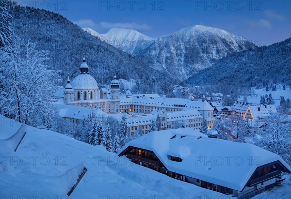 View of the village with the monastery at dusk
