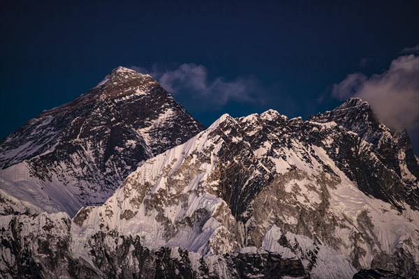 View in the evening light from Renjo La Pass 5417 m to the east on Himalaya with Mount Everest