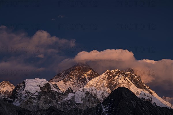 View in the evening light from Renjo La Pass 5417 m to the east on Himalaya with Mount Everest