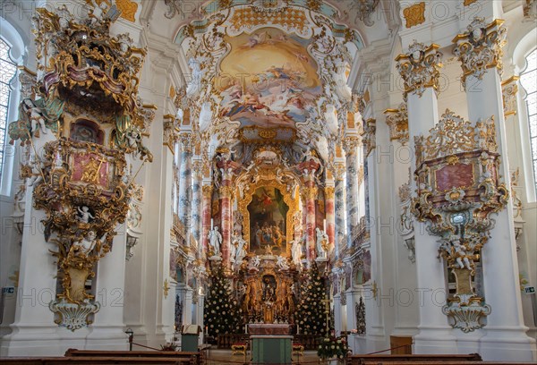 Altar room with pulpit inside the Wieskirche