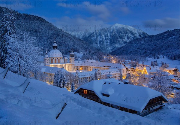 View of the village with the monastery at dusk